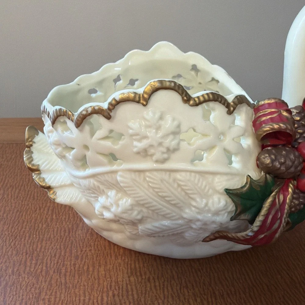 Vintage Swan Sleigh Planter Christmas Gold Accents 6.5